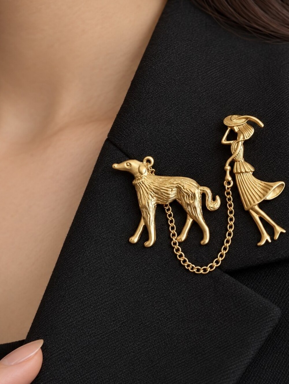 Gold-tone Dog and Lady Chain Brooch